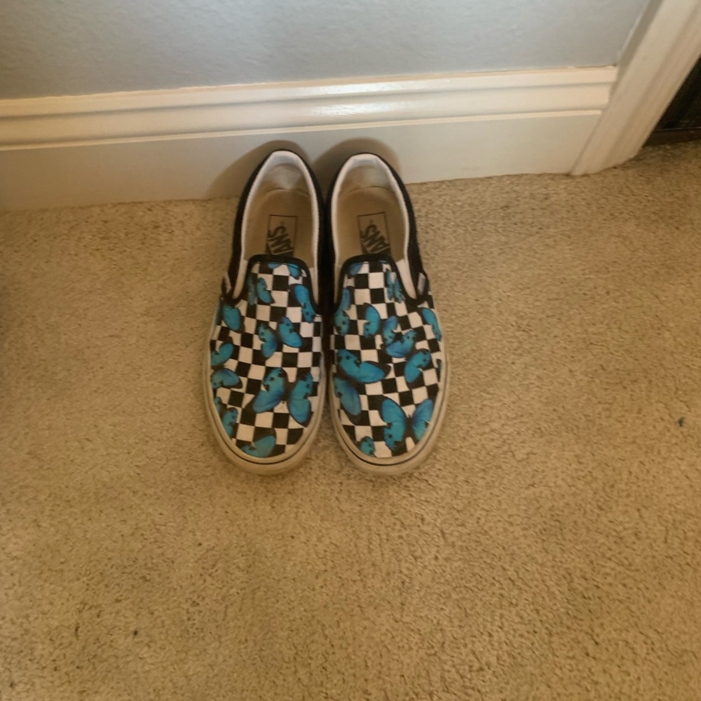 Vans slip on shoes, checkered with blue butterflies